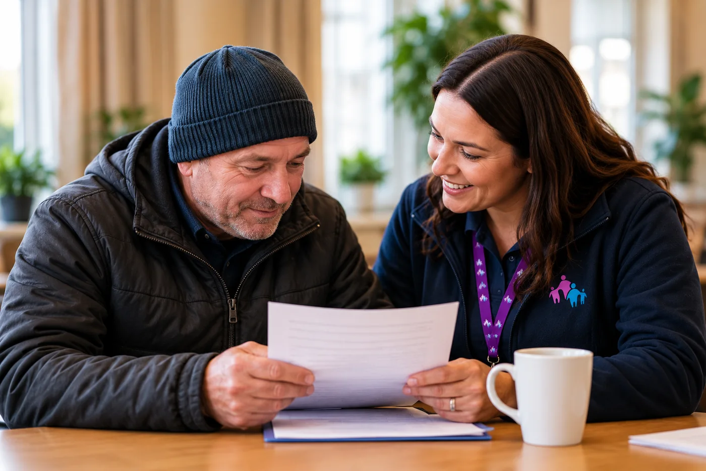 TSCCP campaign: a worker and a man discussing practical support