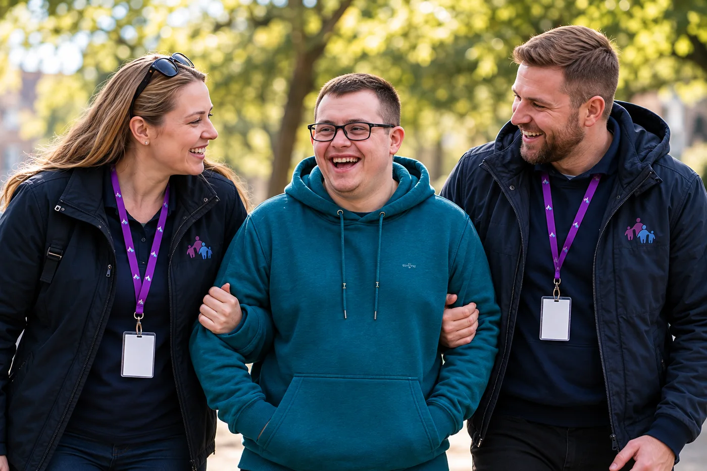 TSCCP social-care campaign: support workers and a man enjoying time outdoors